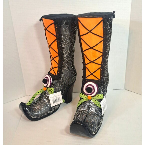 December Diamonds 2 Each 15" Witch Boots Black & Orange Foam & Fabric Halloween - Picture 2 of 4